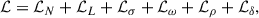 Mathematical equation: $$ \begin{aligned} \mathcal{L} =\mathcal{L} _N+\mathcal{L} _L+\mathcal{L} _\sigma +\mathcal{L} _\omega +\mathcal{L} _\rho +\mathcal{L} _\delta , \end{aligned} $$