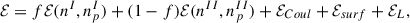 Mathematical equation: $$ \begin{aligned} \mathcal{E} = f {\mathcal{E} }(n^I,n_p^I) + (1-f) {\mathcal{E} }(n^{II},n_p^{II}) + {\mathcal{E} }_{Coul} + {\mathcal{E} }_{surf} + {\mathcal{E} }_L, \end{aligned} $$