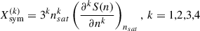 Mathematical equation: $$ \begin{aligned} X_{\rm sym}^{(k)}=3^k n_{sat}^k \left(\frac{\partial ^k S(n)}{\partial n^k}\right)_{n_{sat}},\, k=1,2,3,4 \end{aligned} $$