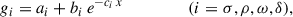 Mathematical equation: $$ \begin{aligned} g_i = a_i + b_i \, e^{-c_i \, x} \qquad \qquad \quad (i=\sigma ,\rho ,\omega ,\delta ), \end{aligned} $$