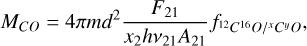 Mathematical equation: $\[M_{C O}=4 \pi m d^2 \frac{F_{21}}{x_2 h \nu_{21} A_{21}} f_{^{12} C^{16} O /{ }^x C^y O},\]$