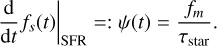 Mathematical equation: $\left.\frac{\mathrm{d}}{\mathrm{~d} t} f_{s}(t)\right|_{\mathrm{SFR}}=: \psi(t)=\frac{f_{m}}{\tau_{\mathrm{star}}}.$