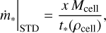 Mathematical equation: $\left.\dot{m}_{*}\right|_{\text {STD}}=\frac{x M_{\text {cell}}}{t_{*}\left(\rho_{\text {cell}}\right)},$