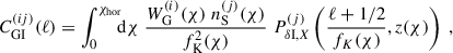 Mathematical equation: $$ \begin{aligned} C^{(ij)}_{\rm GI}(\ell )&= \int ^{\chi _{\rm hor}}_0 \!\!\! \mathrm{d} \chi \; \frac{W^{(i)}_{\rm G} (\chi )\; n^{(j)}_{\rm S} (\chi )}{f^2_{\rm K}(\chi )}\; P_{\delta \mathrm{I}, X}^{(j)} \left(\frac{\ell +1/2}{f_K(\chi )},z(\chi ) \right)\;, \end{aligned} $$
