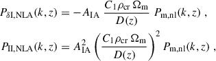 Mathematical equation: $$ \begin{aligned} P_{\delta \mathrm{I, NLA}}(k,z)&= - A_{\rm IA}\; \frac{C_1 \rho _{\rm cr}\, \Omega _{\rm m}}{D (z)}\; P_{\rm m, nl}(k,z)\;, \\ \nonumber P_{\rm II, NLA}(k,z)&= A_{\rm IA}^2 \left( \frac{C_1 \rho _{\rm cr}\, \Omega _{\rm m}}{D (z)} \right)^2 P_{\rm m, nl}(k,z)\;, \end{aligned} $$