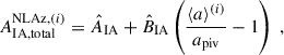 Mathematical equation: $$ \begin{aligned} A^{\mathrm{NLAz},(i)}_{\rm IA,total} = \hat{A}_{\rm IA} + \hat{B}_{\rm IA} \left( \frac{\langle a \rangle ^{(i)}}{a_{\rm piv}} -1\right)\;, \end{aligned} $$