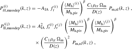 Mathematical equation: $$ \begin{aligned} P_{\delta \mathrm{I, massdep}}^{(i)}(k,z)&= - A_{\rm IA}\; f_{\mathrm{r} }^{(i)}\; \left( \frac{\langle M_{\rm h} \rangle ^{(i)}}{M_{\rm h, piv}} \right)^\beta \frac{C_1 \rho _{\rm cr}\, \Omega _{\rm m}}{D (z)}\; P_{\rm m, nl}(k,z)\;, \\ \nonumber P_{\rm II, massdep}^{(ij)}(k,z)&= A_{\rm IA}^2\, f_{\mathrm{r} }^{(i)} f_{\mathrm{r} }^{(j)}\; \left( \frac{\langle M_{\rm h} \rangle ^{(i)}}{M_{\rm h, piv}} \right)^\beta \left( \frac{\langle M_{\rm h} \rangle ^{(j)}}{M_{\rm h, piv}} \right)^\beta \\ \nonumber&\quad \times \left( \frac{C_1 \rho _{\rm cr}\, \Omega _{\rm m}}{D (z)} \right)^2 \; P_{\rm m, nl}(k,z)\;, \end{aligned} $$