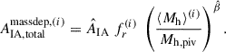 Mathematical equation: $$ \begin{aligned} A^{\mathrm{massdep},(i)}_{\rm IA,total} = \hat{A}_{\rm IA}\; f_r^{(i)}\; \left( \frac{\langle M_{\rm h} \rangle ^{(i)}}{M_{\rm h, piv}} \right)^{\hat{\beta }}. \end{aligned} $$