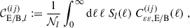 Mathematical equation: $$ \begin{aligned} \mathcal{C}_{\mathrm{E/B},l}^{(ij)} := \frac{1}{\mathcal{N}_l} \int _0^\infty \mathrm{d} \ell \, \ell \; S_l(\ell )\; C_{{\varepsilon } {\varepsilon }, \mathrm{E/B}}^{(ij)}(\ell )\;, \end{aligned} $$