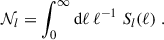 Mathematical equation: $$ \begin{aligned} \mathcal{N}_l = \int _0^\infty \mathrm{d} \ell \, \ell ^{-1}\; S_l(\ell )\;. \end{aligned} $$