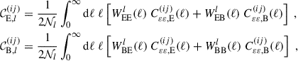 Mathematical equation: $$ \begin{aligned} \mathcal{C}_{\mathrm{E},l}^{(ij)}&= \frac{1}{2 \mathcal{N}_l} \int _0^\infty \mathrm{d} \ell \; \ell \left[ W^l_{\rm EE}(\ell )\; C^{(ij)}_{{\varepsilon } {\varepsilon }, \mathrm E}(\ell ) + W^l_{\rm EB}(\ell )\; C^{(ij)}_{{\varepsilon } {\varepsilon }, \mathrm B}(\ell ) \right]\; , \\ \nonumber \mathcal{C}_{\mathrm{B},l}^{(ij)}&= \frac{1}{2 \mathcal{N}_l} \int _0^\infty \mathrm{d} \ell \; \ell \left[ W^l_{\rm BE}(\ell )\; C^{(ij)}_{{\varepsilon } {\varepsilon }, \mathrm E}(\ell ) + W^l_{\rm BB}(\ell )\; C^{(ij)}_{{\varepsilon } {\varepsilon }, \mathrm B}(\ell ) \right]\;, \end{aligned} $$