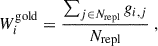 Mathematical equation: $$ \begin{aligned} W^\mathrm{gold}_i = { \sum _{j \in N_{\rm repl}} g_{i,j} \over N_{\rm repl} }\;, \end{aligned} $$