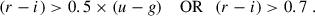 Mathematical equation: $$ \begin{aligned} (r - i) > 0.5 \times (u - g) \quad \text{ OR}\quad (r - i) > 0.7 \;. \end{aligned} $$