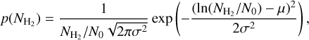 Mathematical equation: p(N_{\rm{H_2}}) = \frac{1}{ N_{\mathrm{H_2}} / N_0 \sqrt{2 \pi \sigma^2} } \exp \left(- \frac{(\ln(N_{\mathrm{H_2}} / N_0) - \mu)^2}{2 \sigma^2}\right),