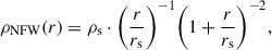 Mathematical equation: $$ \begin{aligned} \rho _{\rm NFW}(r) = \rho _{\rm s}\cdot \Bigg (\frac{r}{r_{\rm s}}\Bigg )^{-1}\Bigg (1+\frac{r}{r_{\rm s}}\Bigg )^{-2}, \end{aligned} $$