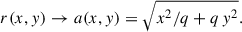 Mathematical equation: $$ \begin{aligned} r(x,y) \rightarrow a(x,y) = \sqrt{x^2/q + q\,y^2}. \end{aligned} $$