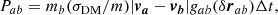 Mathematical equation: $$ \begin{aligned} P_{ab}=m_b(\sigma _{\rm DM}/m)|\boldsymbol{v_a}-\boldsymbol{v_b}|g_{ab}(\delta \boldsymbol{r}_{ab})\Delta t, \end{aligned} $$