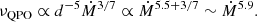 Mathematical equation: $$ \begin{aligned}\nu _{\rm QPO}\propto d^{-5}\dot{M}^{3/7}\propto {\dot{M}^{5.5+3/7}\sim \dot{M}^{5.9}.}\end{aligned} $$