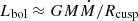 Mathematical equation: $ L_{\mathrm{bol}}\approx GM\dot M/R_{\mathrm{cusp}} $