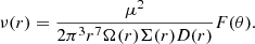 Mathematical equation: $$ \begin{aligned} \nu (r)=\frac{\mu ^2}{2\pi ^3r^7\Omega (r)\Sigma (r)D(r)}F(\theta ). \end{aligned} $$