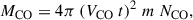 Mathematical equation: $$ \begin{aligned} M_{\rm CO} = 4 \pi ~(V_{\rm CO}~t)^{2} ~m~N_{\rm CO}, \end{aligned} $$
