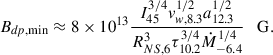 Mathematical equation: $$ \begin{aligned} B_{dp,\min } \approx 8\times 10^{13} \frac{I_{45}^{3/4} v_{w,8.3}^{1/2} a_{12.3}^{1/2}}{R_{NS,6}^3\tau _{10.2}^{3/4}\dot{M}_{-6.4}^{1/4}} \quad \mathrm{G}. \end{aligned} $$