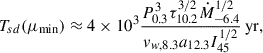 Mathematical equation: $$ \begin{aligned} T_{sd}(\mu _{\min })\approx 4\times 10^3\frac{P_{0.3}^3 \tau _{10.2}^{3/2} \dot{M}_{-6.4}^{1/2}}{v_{w,8.3}a_{12.3}I_{45}^{1/2}}\, \mathrm{{yr}}, \end{aligned} $$