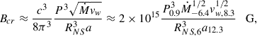 Mathematical equation: $$ \begin{aligned} B_{cr}\approx \frac{c^3}{8\pi ^3}\frac{P^3\sqrt{\dot{M}v_w}}{R_{NS}^3a} \approx 2\times 10^{15} \frac{P_{0.9}^3\dot{M}_{-6.4}^{1/2} v_{w,8.3}^{1/2}}{R_{NS,6}^{3} a_{12.3}} \quad \mathrm{G}, \end{aligned} $$