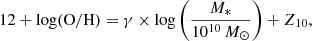 Mathematical equation: $$ \begin{aligned} 12 + \log (\mathrm{O/H}) = \gamma \times \log \left( \frac{M_{*}}{10^{10}\,M_{\odot }} \right) + Z_{10}, \end{aligned} $$