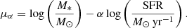Mathematical equation: $$ \begin{aligned} \mu _{\alpha } = \log \left( \frac{M_*}{M_{\odot }} \right) - \alpha \log \left( \frac{\mathrm{SFR}}{M_{\odot }\,\mathrm{yr}^{-1}} \right). \end{aligned} $$