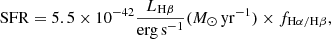 Mathematical equation: $$ \begin{aligned} \mathrm{SFR}=5.5\times 10^{-42}\frac{L_{\mathrm{H}{\beta }}}{\mathrm{erg\, s^{-1}}} (M_\odot \,\mathrm {yr}^{-1})\times f_{\rm H{\alpha }/\mathrm{H}{\beta }}, \end{aligned} $$