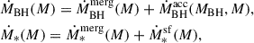 Mathematical equation: $$ \begin{aligned} \begin{aligned}&\dot{M}_{\rm BH}(M) = \dot{M}_{\rm BH}^\mathrm{merg}(M) + \dot{M}_{\rm BH}^\mathrm{acc}(M_{\rm BH},M), \\&\dot{M}_*(M) = \dot{M}_*^\mathrm{merg}(M) + \dot{M}_*^\mathrm{sf}(M), \end{aligned} \end{aligned} $$