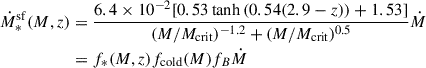 Mathematical equation: $$ \begin{aligned} \begin{aligned} \dot{M}_*^\mathrm{sf}(M,z)&= \frac{6.4\times 10^{-2}[0.53\tanh {\left(0.54(2.9-z)\right)}+1.53]}{(M/M_{\rm crit})^{-1.2}+(M/M_{\rm crit})^{0.5}} \dot{M} \\&= f_*(M,z) f_{\rm cold}(M) f_B \dot{M} \end{aligned} \end{aligned} $$