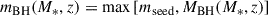Mathematical equation: $$ \begin{aligned} m_{\rm BH}(M_*,z) = \max \left[m_{\rm seed},M_{\rm BH}(M_*,z)\right] \end{aligned} $$