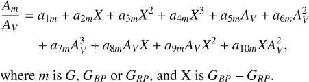 Mathematical equation: $\eqalign{ & {{{A_m}} \over {{A_V}}} = {a_{1m}} + {a_{2m}}X + {a_{3m}}{X^2} + {a_{4m}}{X^3} + {a_{5m}}{A_V} + {a_{6m}}A_V^2 \cr & \,\,\,\,\,\,\,\,\,\,\, + {a_{7m}}A_V^3 + {a_{8m}}{A_V}X + {a_{9m}}{A_V}{X^2} + {a_{10m}}XA_V^2, \cr} $