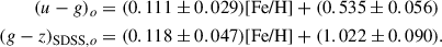 Mathematical equation: $$ \begin{aligned} (u-g)_{o}&= (0.111\pm 0.029)\text{[Fe/H]} + (0.535\pm 0.056)\nonumber \\ (g-z)_{\mathrm{SDSS} ,o}&= (0.118\pm 0.047)\text{[Fe/H]} + (1.022\pm 0.090). \end{aligned} $$