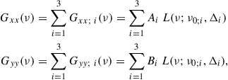 Mathematical equation: $$ \begin{aligned} G_{xx} (\nu )&= \sum _{i = 1}^3 G_{xx;\ i} (\nu ) = \sum _{i = 1}^3 A_i \ L(\nu ; \nu _{0;i}, \Delta _i)\nonumber \\ G_{yy} (\nu )&= \sum _{i = 1}^3 G_{yy; \ i} (\nu ) = \sum _{i = 1}^3 B_i \ L(\nu ; \nu _{0;i}, \Delta _i), \end{aligned} $$