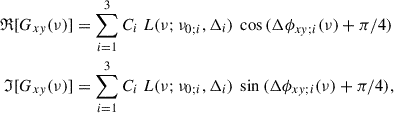 Mathematical equation: $$ \begin{aligned} \mathfrak{R} [G_{xy} (\nu )]&= \sum _{i = 1}^3 C_i \ L(\nu ; \nu _{0;i}, \Delta _i) \ \cos {(\Delta \phi _{xy;i} (\nu ) + \pi /4)}\nonumber \\ \mathfrak{I} [G_{xy} (\nu )]&= \sum _{i = 1}^3 C_i \ L(\nu ; \nu _{0;i}, \Delta _i) \ \sin {(\Delta \phi _{xy;i} (\nu ) + \pi /4)}, \end{aligned} $$
