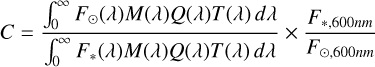 Mathematical equation: $\[C=\frac{\int_0^{\infty} F_{\odot}(\lambda) M(\lambda) Q(\lambda) T(\lambda) d \lambda}{\int_0^{\infty} F_*(\lambda) M(\lambda) Q(\lambda) T(\lambda) d \lambda} \times \frac{F_{*, 600 {nm}}}{F_{\odot, 600 {nm}}}\]$