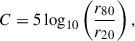 Mathematical equation: $$ \begin{aligned} C = 5 \log _{10} \left( \frac{r_{80}}{r_{20}} \right), \end{aligned} $$
