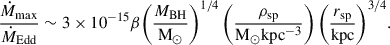 Mathematical equation: $$ \begin{aligned} \frac{{{{\dot M}_{{\rm{max}}}}}}{{{{\dot M}_{{\rm{Edd}}}}}}\sim 3 \times {10^{ - 15}}\beta {\left( {\frac{{{M_{{\rm{BH}}}}}}{{{{\rm{M}}_ \odot }}}} \right)^{1/4}}\left( {\frac{{{\rho _{{\rm{sp}}}}}}{{{{\rm{M}}_ \odot }{\rm{kp}}{{\rm{c}}^{{\rm{ - 3}}}}}}} \right){\left( {\frac{{{r_{{\rm{sp}}}}}}{{{\rm{kpc}}}}} \right)^{3/4}}. \end{aligned} $$
