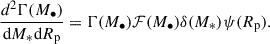Mathematical equation: $$ \begin{aligned} \frac{d^2\Gamma (M_{\bullet })}{\mathrm{d}M_* \mathrm{d}R_{\rm p}}= \Gamma (M_{\bullet })\mathcal{F} (M_\bullet )\delta (M_*)\psi (R_{\rm p}). \end{aligned} $$