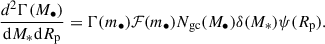 Mathematical equation: $$ \begin{aligned} \frac{d^2\Gamma (M_{\bullet })}{\mathrm{d}M_* \mathrm{d}R_{\rm p}}= \Gamma (m_{\bullet })\mathcal{F} (m_\bullet )N_{\rm gc}(M_\bullet )\delta (M_*)\psi (R_{\rm p}). \end{aligned} $$
