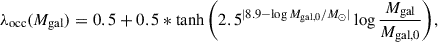 Mathematical equation: $$ \begin{aligned} \lambda _{\rm occ}(M_{\rm gal}) = 0.5 +0.5*\tanh {\left(2.5^{|8.9-\log {M_{\rm gal, 0}/M_{\odot }}|}\log \frac{M_{\rm gal}}{M_{\rm gal, 0}}\right)}, \end{aligned} $$