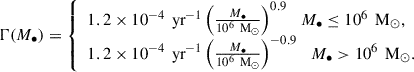 Mathematical equation: $$ \begin{aligned} \Gamma (M_\bullet ) = {\left\{ \begin{array}{ll} 1.2\times 10^{-4}\,\text{ yr}^{-1}\left(\frac{M_\bullet }{10^6\,\text{ M}_{\odot }}\right)^{0.9}\,\,\,\,M_\bullet \le 10^6\,\text{ M}_{\odot },\\ 1.2\times 10^{-4}\,\text{ yr}^{-1}\left(\frac{M_\bullet }{10^6\,\text{ M}_{\odot }}\right)^{-0.9} \,\,\,\,M_\bullet > 10^6\,\text{ M}_{\odot }. \end{array}\right.} \end{aligned} $$