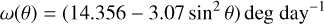 Mathematical equation: $\[\omega(\theta)=\left(14.356-3.07 ~\sin ^2 \theta\right) \operatorname{deg}^{-1} \operatorname{day}^{-1}\]$