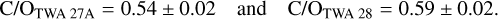 Mathematical equation: $\[\mathrm{C} / \mathrm{O}_{\text {TWA } 27 \mathrm{A}}=0.54 \pm 0.02 \quad\text { and }\quad \mathrm{C}/\mathrm{O}_{\text {TWA } 28}=0.59 \pm 0.02.\]$