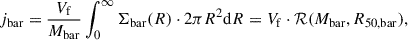 Mathematical equation: $$ \begin{aligned} j_{\rm bar} = \dfrac{V_{\rm f}}{M_{\rm bar}} \int _0^{\infty } \Sigma _{\rm bar}(R) \cdot 2 \pi R^2 \mathrm{d}R = V_{\rm f} \cdot \mathcal{R} (M_{\rm bar}, R_{\rm 50, bar}), \end{aligned} $$