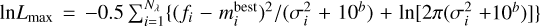 Mathematical equation: $\[\text{ln} L_{\text {max}}=-0.5 {\sum}_{i=1}^{N_{\lambda}}\{(f_{i}-m_{i}^{\text {best}})^{2} /(\sigma_{i}^{2}+10^{b})+\ln [2 \pi(\sigma_{i}^{2}+ 10^{b})]\}\]$