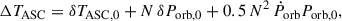 Mathematical equation: $$ \begin{aligned} \Delta T_\mathrm{ASC} = \delta T_\mathrm{ASC,0} + N\, \delta P_\mathrm{orb,0} +0.5\,N^2\, \dot{P}_\mathrm{orb} P_\mathrm{orb,0} ,\end{aligned} $$